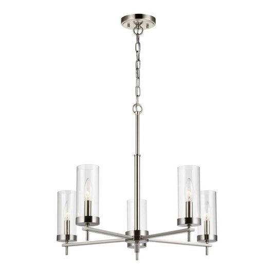 Zire 5-Light Brushed Nickel Modern Minimalist Dining Room Hanging Candlestick Chandelier with Clear Glass Shades