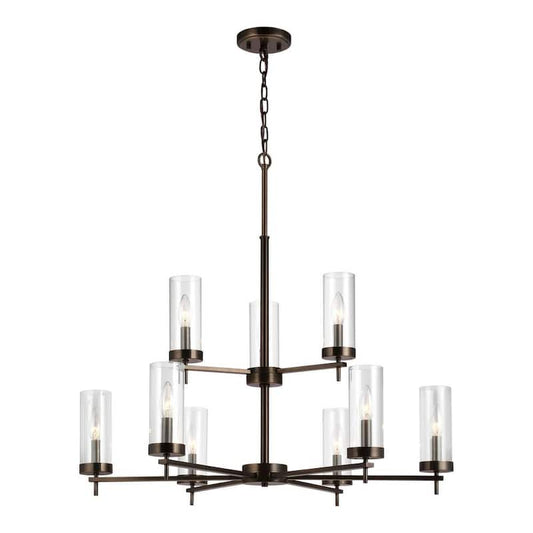 Zire 9-Light Brushed Oil Rubbed Bronze Modern Minimalist Hanging Candlestick Chandelier with Clear Glass Shades