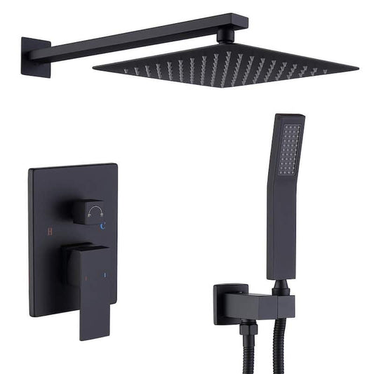 1-Spray 10 in. Square Rainfall Shower Head and Handheld Shower Head in Matte Black